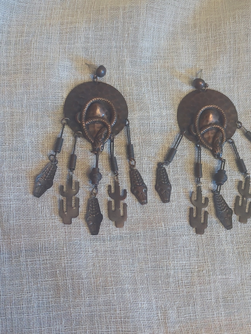 Handcrafted Copper-Tone Southwestern Dangle Pierced Earrings - Brown